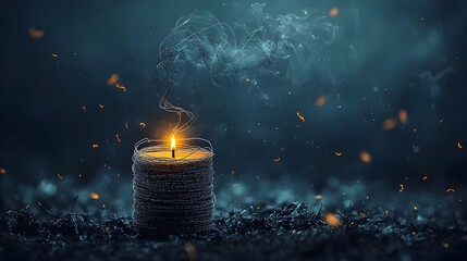 Poster - Captivating 3D render of a glowing mesh line spiral representing the swirling ethereal movement of incense smoke within a serene sacred shrine setting