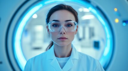 Aufkleber - A woman wearing a lab coat and goggles is standing in front of a blue circle
