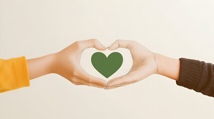 Logo design featuring two hands holding each other with a green heart in the middle, in a simple line art with earthy color palette of beige and yellow-orange on a white background 