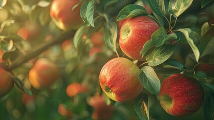 Poster - Ripe juicy red apples Dwarf trees Apple tree in old orchard Close up photo