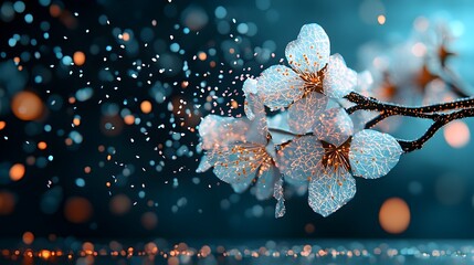 Aufkleber - Captivating digital art composition featuring a flowing glowing mesh pattern that forms the shape of delicate petals reminiscent of falling cherry blossoms
