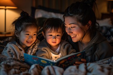 A mother reads a colorful storybook to her two young children, creating a warm, intimate atmosphere in their cozy bedroom. The soft light enhances their joyful expressions as they share this moment