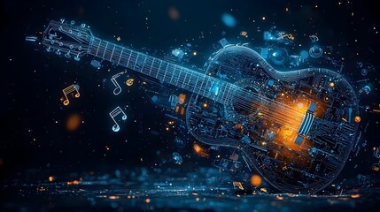 Poster - Captivating digital depicting a glowing mesh of musical notes and lines flowing gracefully from the strings of an illuminated abstract guitar shape creating a dynamic rhythmic