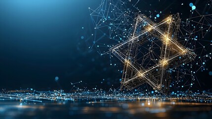 Poster - Captivating digital of a glowing mesh star of David with intricate geometric lines radiating outward creating a mesmerizing futuristic and symbolically powerful visual