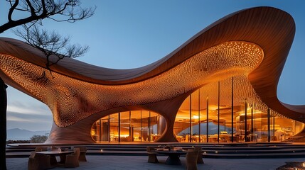 Fototapete - Captivating digital showcasing glowing mesh patterns that beautifully illuminate the roof of a serene mystical temple at dusk creating a mesmerizing futuristic atmosphere