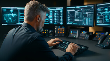 Wall Mural - An over-the-shoulder shot of a security professional typing on a keyboard in a dark room, surrounded by advanced tech equipment and monitors displaying real-time data 