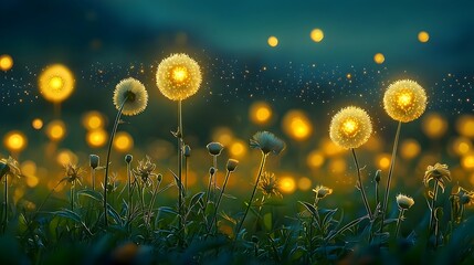 Captivating fields of flowers illuminated by glowing undulating mesh networks that shimmer and flow with the wind s path creating an ethereal and visually striking natural landscape