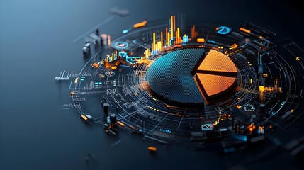 Poster - Captivating Glowing Mesh Line Pie Chart with Sections Illuminated in Striking Neon Hues Offering a Dynamic and Futuristic Approach to Data Visualization and Business Analytics