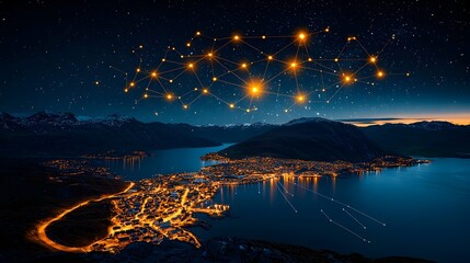 Poster - Captivating glowing mesh network of stars and cosmic energy suspended over a serene night landscape creating a mesmerizing and otherworldly scene