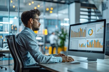 A man is intently focused on analyzing various data visualizations displayed on multiple screens in a contemporary office setting. The atmosphere is conducive for work and productivity