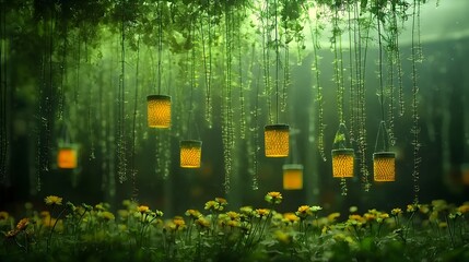 Aufkleber - Captivating glowing mesh vines suspended from the ceiling of a greenhouse cascading amidst a lush and vibrant display of colorful flowers