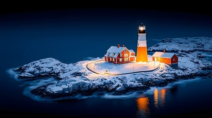 Aufkleber - Captivating image of a powerful lighthouse casting its brilliant beam of light over a dark snowy coastal landscape at night  The lighthouse stands tall on a rocky cliff