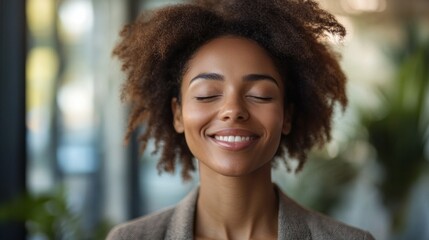 Wall Mural - A woman with curly hair is smiling and looking at the camera