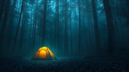 Poster - Captivating image of a camping tent constructed with a glowing mesh material emitting a mesmerizing neon light within the serene and peaceful setting of a lush forest landscape