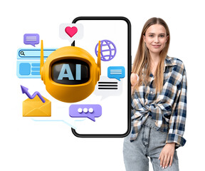 Poster - A woman standing near a smartphone screen displaying an AI bot with various chat and social icons. Isolated on a white background, tech concept