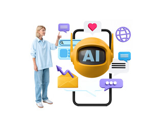 Poster - A woman points towards an AI assistant surrounded by chat bubbles, a globe, and other communication icons, representing online interaction and assistance