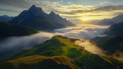 Leinwandbilder - Captivating image of glowing mesh like clouds hovering ethereally over a tranquil valley bathed in the soft warm light of the rising sun  This surreal