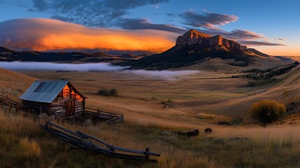 Poster - Captivating scene of ethereal glowing mesh like clouds hovering over a serene tranquil valley at the magical moment of sunrise creating a mesmerizing and otherworldly atmosphere