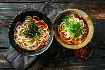 two noodle bowls with stir fried udon and thin noodles.