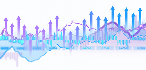 Poster - Overlapping upward arrows with financial graphs, bars, and data points displayed on a white background. Concept of business growth and success