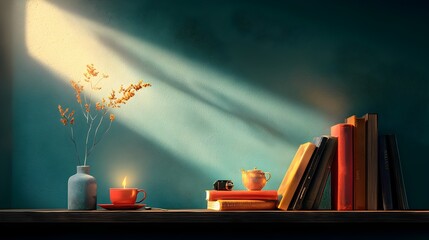 Poster - Cozy and modern bookshelf with a soft glowing illumination surrounding the neatly arranged books creating a serene and inviting atmosphere complemented by a soothing cup of tea on the side