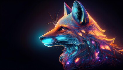 Poster - A digital illustration of a fox with glowing colorful fur against a dark background.