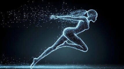 Poster - Dynamic image of a person jumping high into the air leaving behind a trail of glowing mesh like energy effects in their wake creating a futuristic and visually striking scene