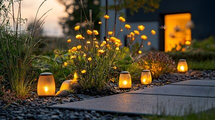 Poster - Enchanting garden scene with individual blooming flowers surrounded by glowing iridescent mesh accents that create a captivating ethereal and surreal atmosphere