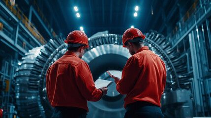 Two engineers standing in front of a massive industrial motor, their safety helmets reflecting the overhead lights as they take notes and adjust settings on the machine.