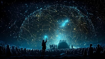 Poster - Ethereal mesh patterns representing cosmic constellations hovering above a serene spiritual gathering or ceremony in a tranquil minimalist landscape
