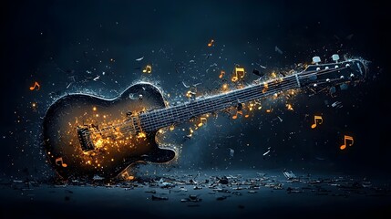 Fototapete - Flowing glowing mesh of musical notes emanating from a luminous guitar creating a dynamic and captivating abstract digital art pattern