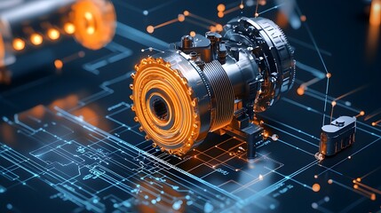 Fototapete - Futuristic 3D glowing mesh representation of automated machinery and equipment in an industrial manufacturing plant or factory setting