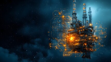 Poster - Futuristic and Glowing High tech Oil Refinery with an Intricate Interconnected Mesh of Steel Lines and Pipelines Showcasing Advanced Industrial Engineering and Technology