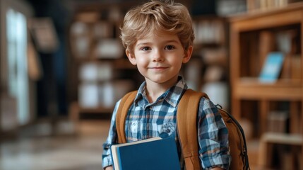 A young boy is smiling and holding a backpack and a book