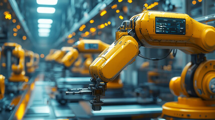 Robotic arms working on the assembly line in a smart factory