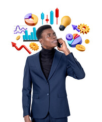 Poster - A man in a blue suit speaking on the phone, surrounded by colorful business and finance icons. Isolated on a white background, representing business strategy