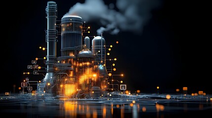 Aufkleber - Futuristic industrial energy plant with glowing mesh cooling towers representing the distribution of heat and power Cityscape skyline with modern architecture and technological infrastructure in an