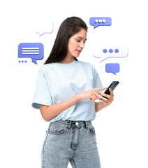 Poster - A woman using a smartphone surrounded by speech bubbles. White background with transparent bubbles. Concept of communication and social networking