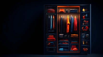 Aufkleber - Futuristic Wardrobe with Glowing Mesh Patterns Outlining the Neatly Folded Clothes Inside Showcasing a Minimalist and High Tech Storage Solution for the Modern Home