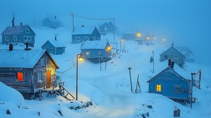 Aufkleber - Glimmering street lanterns casting a warm glow over a silent Arctic village cloaked in a serene blanket of pristine snow under the calm moonlit sky