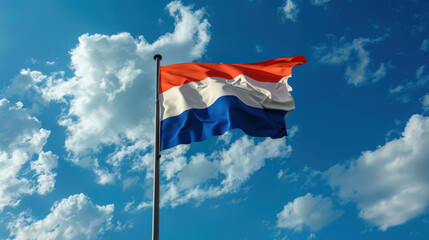 The flag of the Netherlands is fluttering in the wind high in the blue sky against a background of white clouds. The Dutch flag is hanging on the flagpole. The national symbol of the country