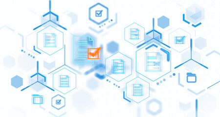 Poster - Hexagonal shapes with digital document and checkmark icons in blue and orange hues on a white background. Concept of digital approval and data