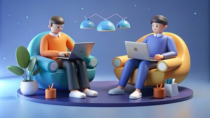 3D illustration of a startup concept with two happy men in armchairs using laptops in an office.