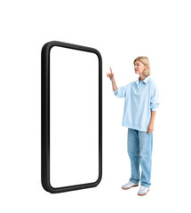 Poster - A person points at a large smartphone with a blank screen. The image is isolated on a white background, perfect for technology or marketing concepts