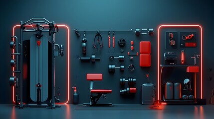 Poster - futuristic abstract design with glowing mesh lines and shapes emanating from workout equipment in a 