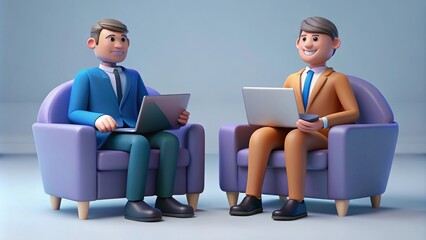 3D illustration of a startup concept with two happy men in armchairs using laptops in an office.