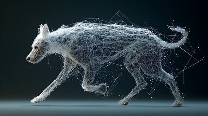 Fototapete - Glowing digital mesh lines outlining the silhouette of a playful pet dog running swiftly through a vibrant colorful backyard landscape  Abstract dynamic motion and energy captured in a geometric