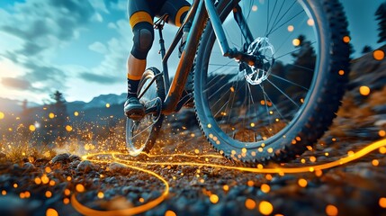 Poster - Glowing digital mesh lines tracing the route of a bicyclist on a sunny outdoor trail creating a dynamic futuristic and energetic visual experience