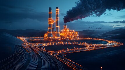 Aufkleber - Glowing futuristic mesh network of interconnected oil pipelines and conduits linking various refinery facilities  The luminous pulsating digital infrastructure represents the modern