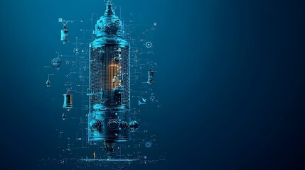 Leinwandbilder - Glowing Mesh Bell Tower with the Outlines of Ringing Chimes in a Futuristic Minimalist Digital Rendering  This Architectural Design Features a Luminous Geometric Structure with a Ethereal Translucent